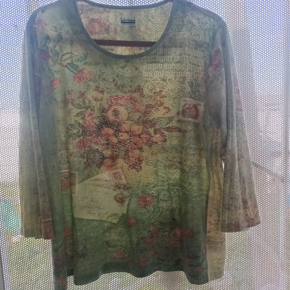 Basic Editions Green Floral Print Long Sleeve Blouse - Picture 5 of 13